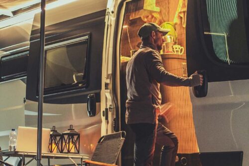 RV camper set up at a full-hookup site, one of the campgrounds near social circle ga featured in this guide