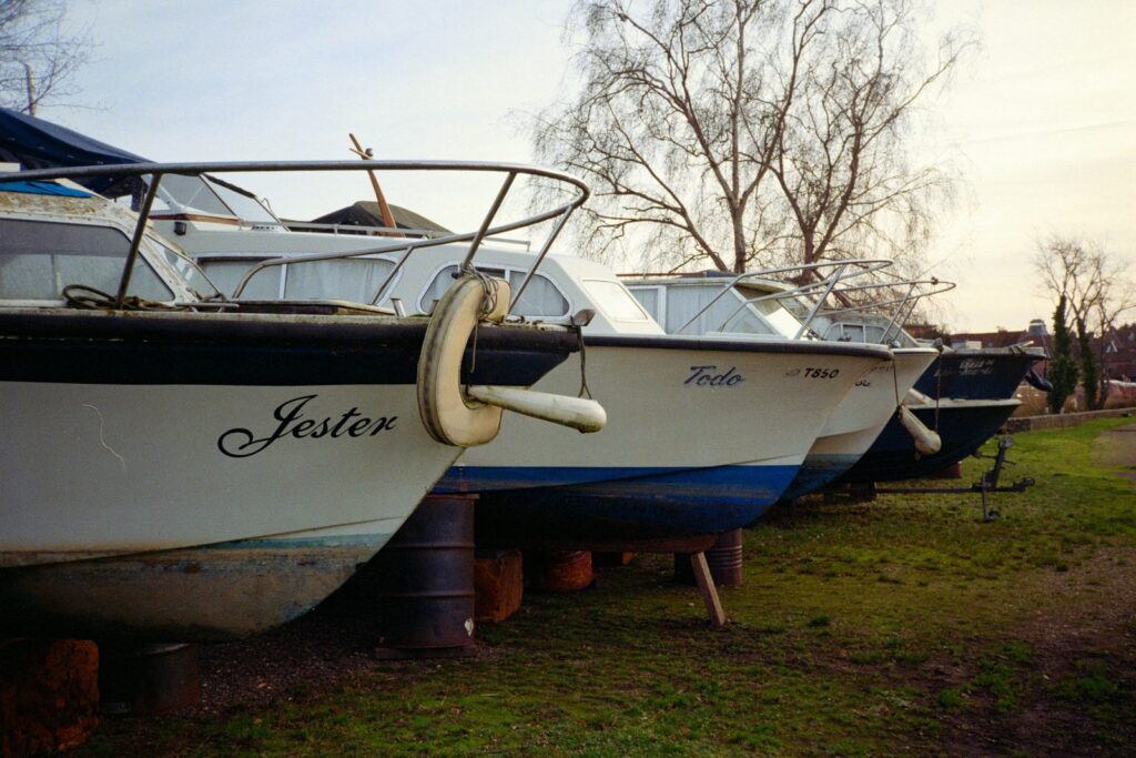 Boats blocked up on stands for winter storage, the first step to winterize your boat, near Bear Creek Marina in Mansfield, Georgia