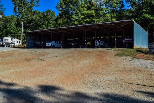Covered vs uncovered boat storage yard at Bear Creek Marina on Jackson Lake, Georgia